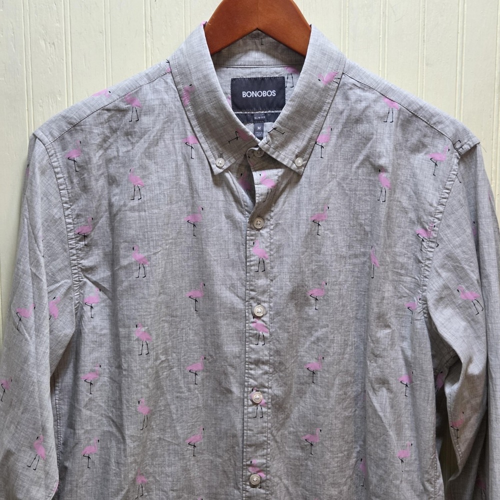 Bonobos Shirt Mens Medium Gray Flamingo Print Long Sleeve Cotton Slim Fit
